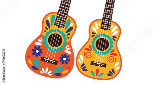 Two stylized guitars decorated with colorful floral patterns, one orange and one yellow, against a white background.