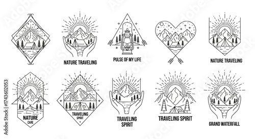 Collection of ten line art emblems featuring mountain landscapes held in hands, framed by geometric shapes, with sunbursts and nature themes.