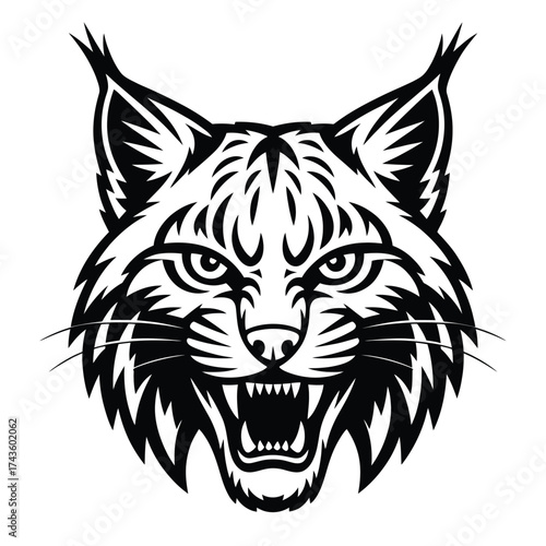 Stylized black and white illustration of a fierce bobcat head vector graphic silhouette vector illustration white background