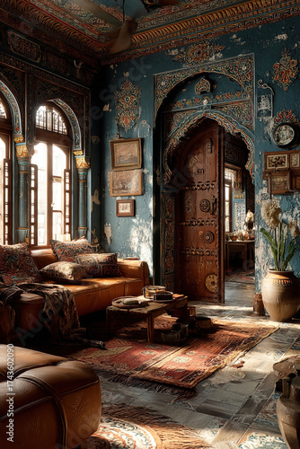 An Indian interior filled with rich textures and vibrant colors in a cozy living space
