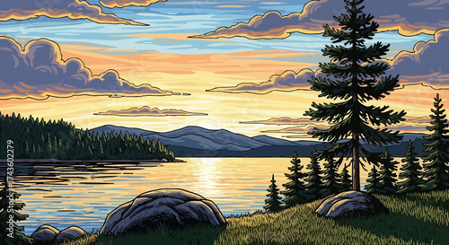 Serene landscape illustration of a lake at sunset with mountains, trees, rocks, and a cloudy sky reflecting in the water.