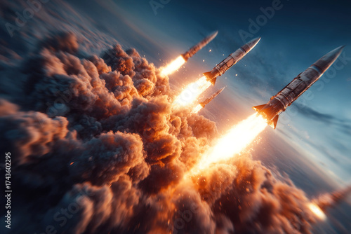 Military projectiles engage in aggressive flight amidst a dramatic sky filled with clouds