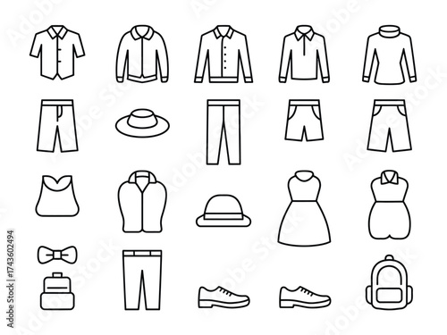 Collection of scalable vector graphics icons representing clothing and apparel items silhouette vector illustration white background
