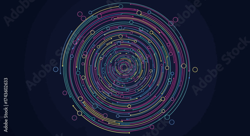 Abstract circular data streams with colorful lines forming a vortex pattern on dark blue background