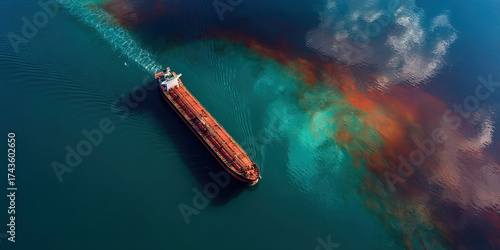 Pollution and oil slick on water with offshore cargo tanker viewed from above