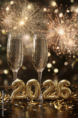 Futuristic New Year 2026 city celebration with glowing lights and digital fireworks