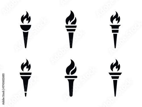 Six diverse vector torch icons for representing flame olympic spirit victory and tradition silhouette vector illustration white background