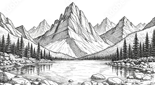 A black and white sketch of a mountain range reflected in a calm lake, surrounded by pine trees and rocky shores.