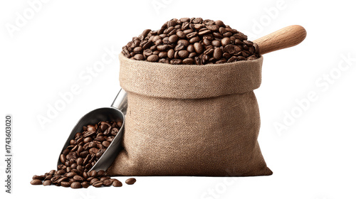 Coffee beans in burlap sack with scoop