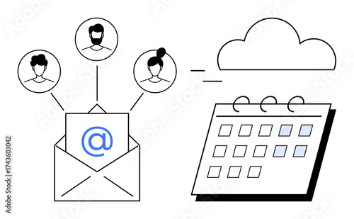 Envelope with email symbol connecting to user profiles, cloud, and calendar. Ideal for communication, scheduling, teamwork, cloud storage, productivity, remote work concepts simple flat metaphor