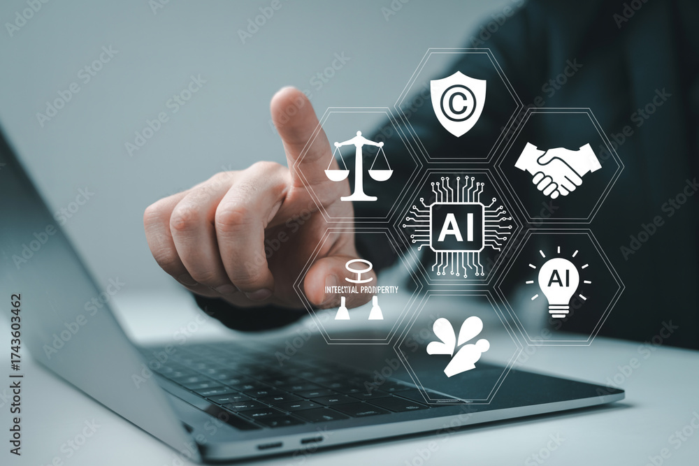 Naklejka premium Intellectual property law and ai artificial intelligence copyright legal protection concept on laptop