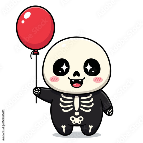 Cute cartoon skeleton character in a black suit holding a red balloon, smiling with star eyes.