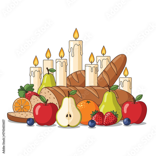 Still life illustration with bread, fruit (apples, pears, strawberries, blueberries, oranges), and lit candles.