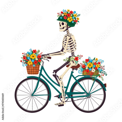 A skeleton rides a teal bicycle adorned with colorful flowers in baskets and on its helmet.