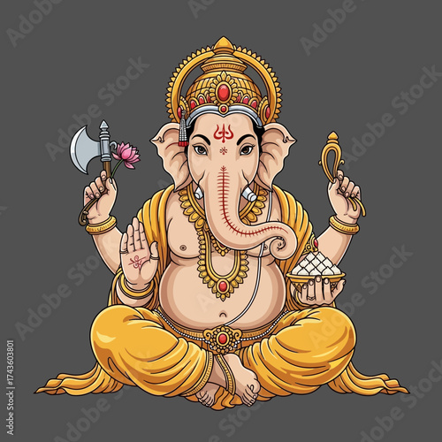 Illustration of the Hindu god Ganesha sitting in a lotus position, holding various symbolic objects.