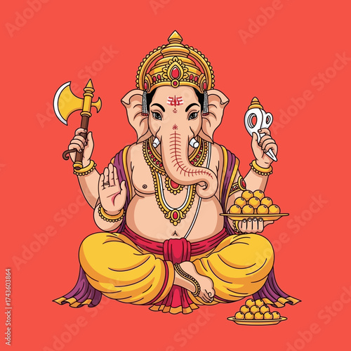 Illustration of Lord Ganesha sitting in a lotus position, holding an axe, sweets, and a goad, adorned with a crown and jewelry.