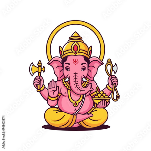 Cartoon illustration of Lord Ganesha sitting in a lotus position, holding an axe and sweets.