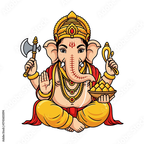 Cartoon illustration of the Hindu god Ganesha seated, holding an axe and sweets, wearing traditional jewelry.