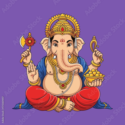 Illustration of Lord Ganesha sitting in a lotus position, holding an axe and sweets.