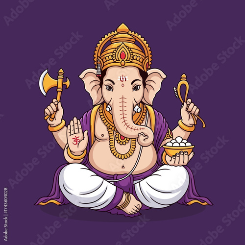 Illustration of Lord Ganesha in a seated pose, holding an axe and sweets, adorned with jewelry and a crown.