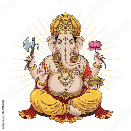 Illustration of the Hindu god Ganesha seated in a lotus position, holding an axe, lotus flower, and bowl of sweets.