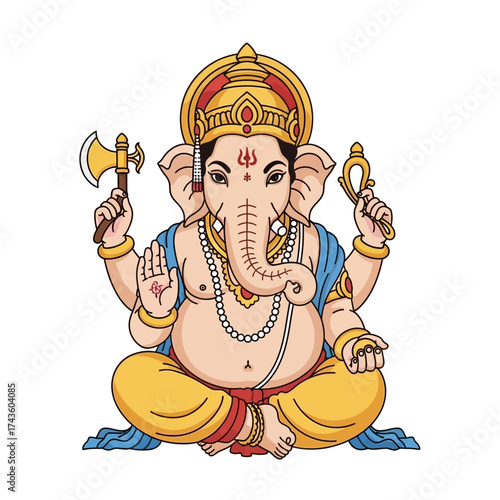 Illustration of Hindu god Ganesha in a seated pose, holding an axe and a sweet.