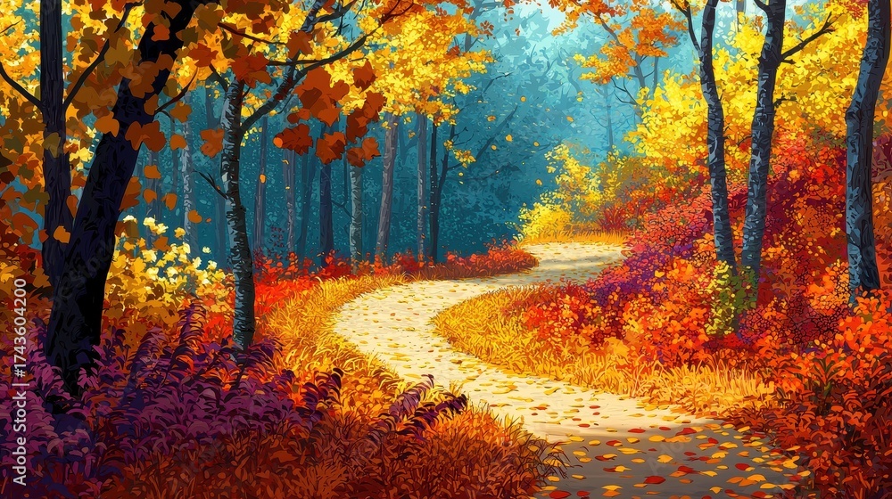 Naklejka premium Vibrant Autumn Forest Path with Golden Leaves and Winding Trail.