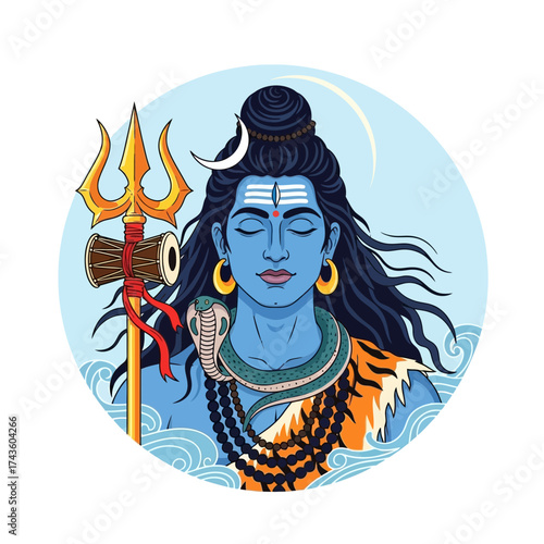 Illustration of Hindu God Shiva with trident, snake, and damaru, set against a light blue circular background.