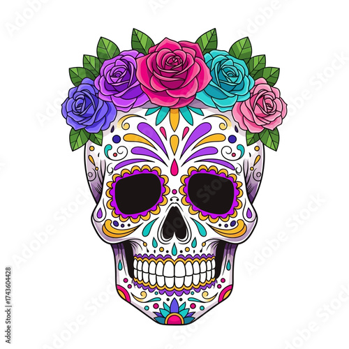 Colorful sugar skull illustration adorned with vibrant floral crown, celebrating Day of the Dead.