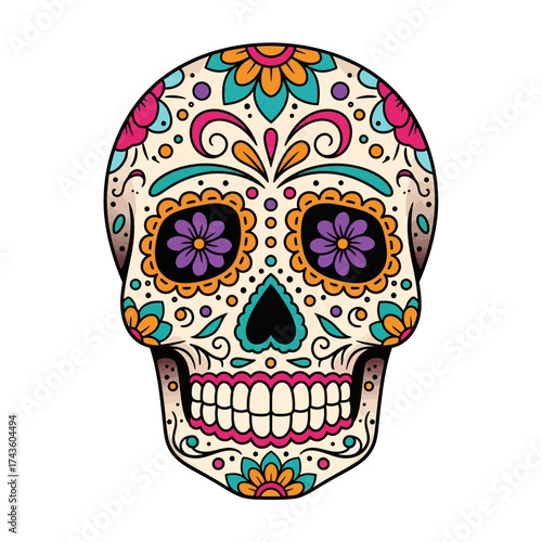 A vibrantly decorated sugar skull, showcasing intricate floral designs and bright colors.