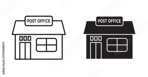 A post office icon is typically depicted as a mail-related symbol like an envelope or mailbox, or an abbreviation like "P.O." or "PO" inside a shape such as an oval or square.