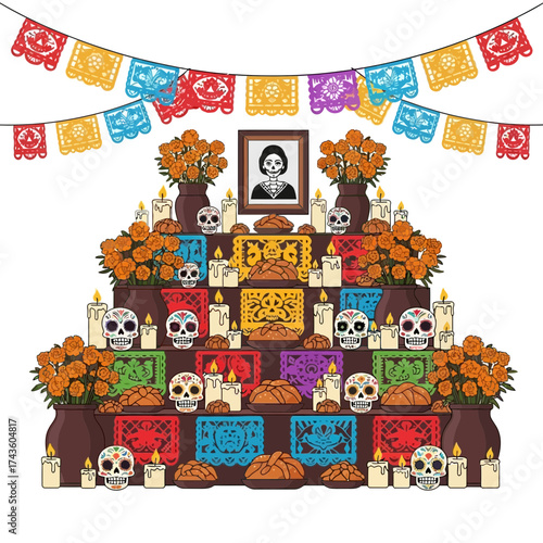 Colorful Day of the Dead altar with candles, skulls, flowers, bread, and papel picado banners.