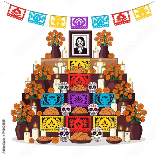 A colorful Day of the Dead altar decorated with marigolds, candles, skulls, pan de muerto, and papel picado banners.