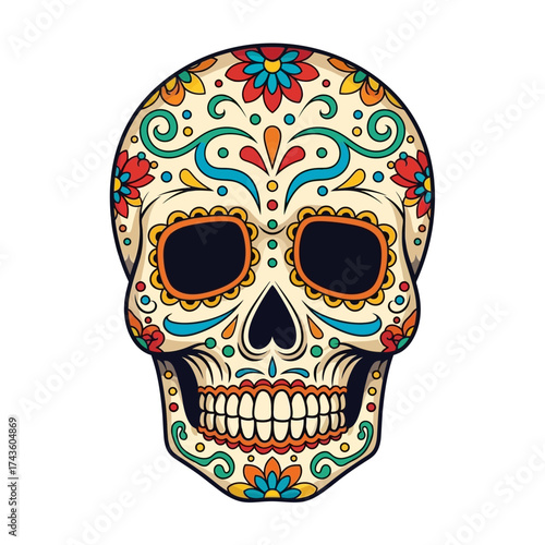 Colorful sugar skull with floral and decorative elements, isolated on a white background.
