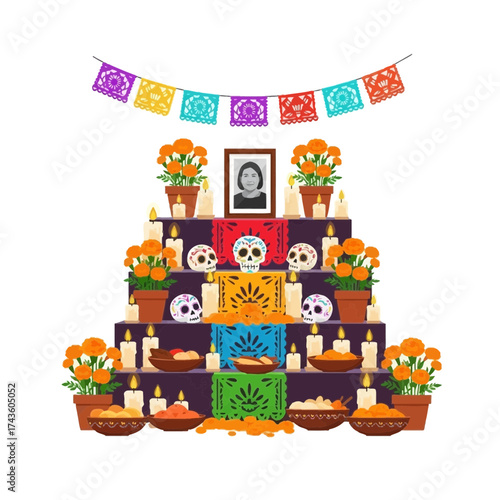 A colorful Day of the Dead altar with candles, flowers, food, skulls, and a portrait, decorated with papel picado.