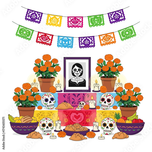 Colorful Day of the Dead altar with flowers, sugar skulls, candles, food, and a portrait under festive paper banners.
