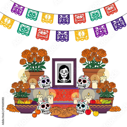 A Día de Muertos altar decorated with marigolds, candles, skulls, pan de muerto, and colorful papel picado.