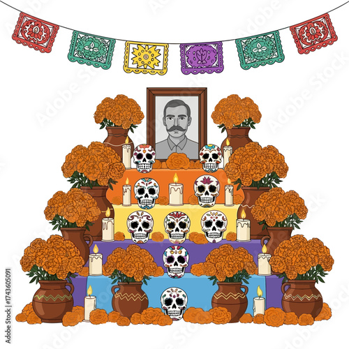 Day of the Dead altar with marigolds, candles, skulls, portrait, and papel picado banners.