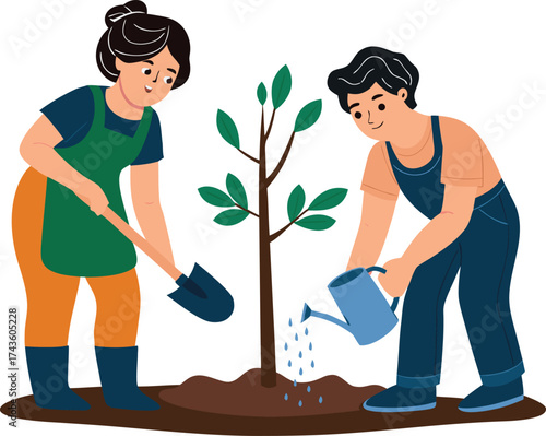 Watering and Planting a Tree Illustration.