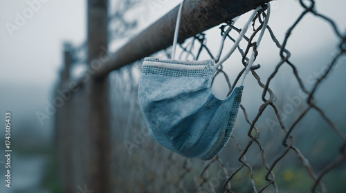 Blue face mask hanging on chain link fence in foggy environment  
