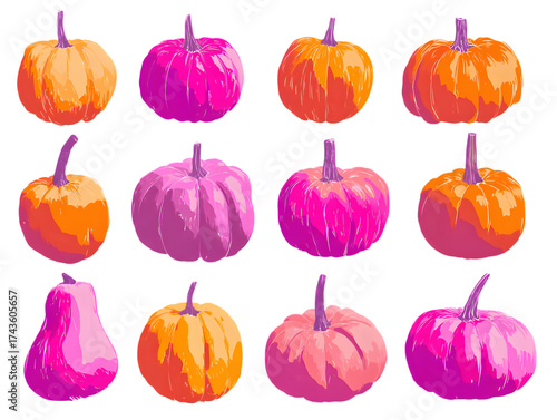 Twelve Colorful Gradient Pumpkins and One Pear Shape