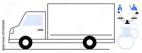 Delivery truck parked alongside two individuals weighing objects on a balance scale near a pottery jug. Ideal for logistics, balance, teamwork, distribution, shipping, efficiency, transportation