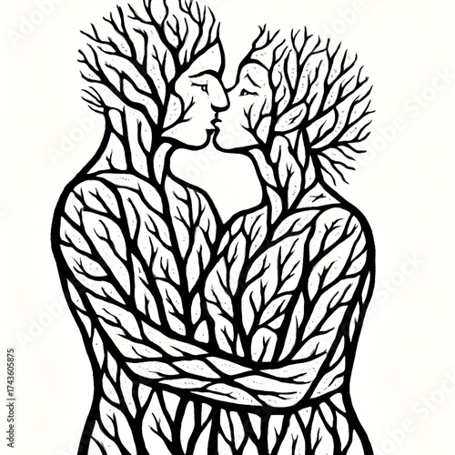 Wallpaper Mural Intertwined Tree-Branch Couple Silhouette Embrace in Black and White Artwork Symbolizing Love Torontodigital.ca