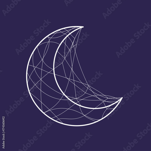 Elegant white wireframe crescent moon icon with an intricate geometric network, a modern symbol for spirituality and astrology
