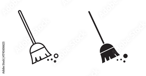 A broom icon is a visual representation of a broom, a tool for sweeping, and can be designed in various styles like a thin outline, a simple vector, or a silhouette