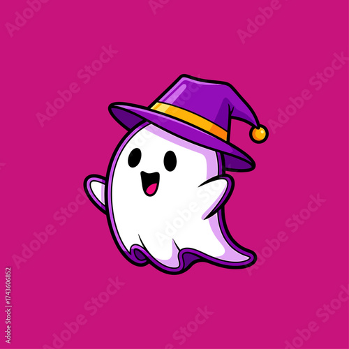 A cute and friendly cartoon ghost character wearing a purple witch hat. This happy little phantom is illustrated in a simple vector style on a pink background for Halloween