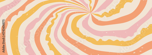 Groovy rough twisted starburst background. Retro spiral crumbled sun rays abstract illustration. Vector dynamic lines decoration. Radial carnival stripes backdrop. Sunburst textured 70s design.