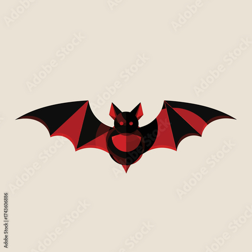 A scary vampire bat illustration in a flat graphic style. Halloween horror monster concept with black and red colors on an isolated background