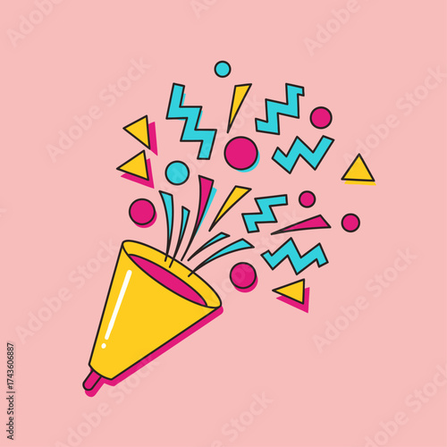 Festive party popper exploding with colorful geometric confetti in a retro 80s Memphis design style