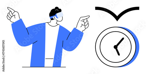 Person in virtual reality glasses pointing with both hands, near a clock. Ideal for technology, VR innovation, time management, digital transformation, futuristic concepts, productivity, simple flat